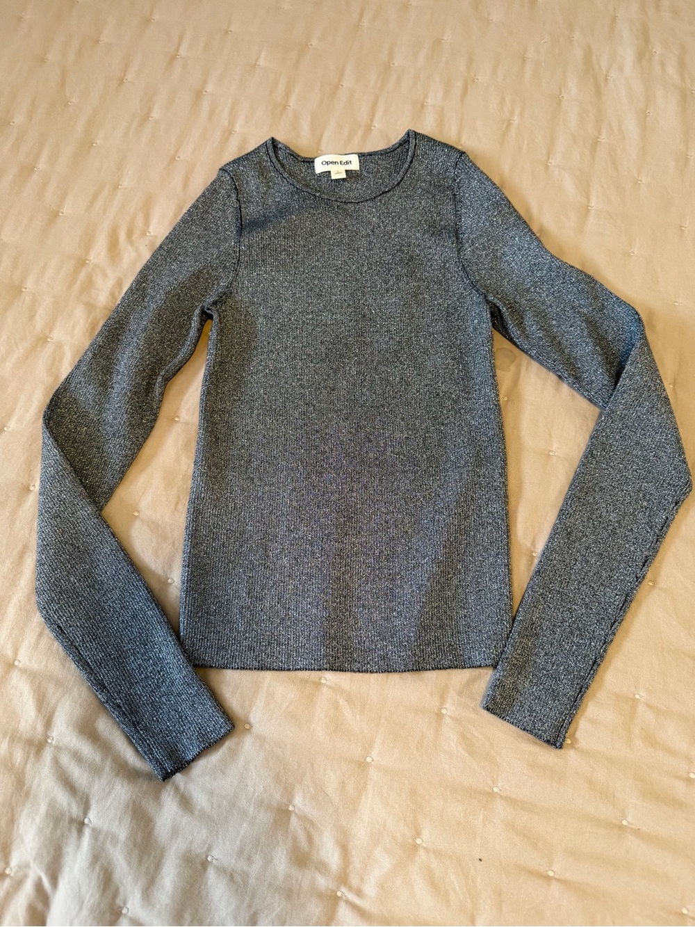 Open Edit Metallic Silver Ribbed Long Sleeve Top